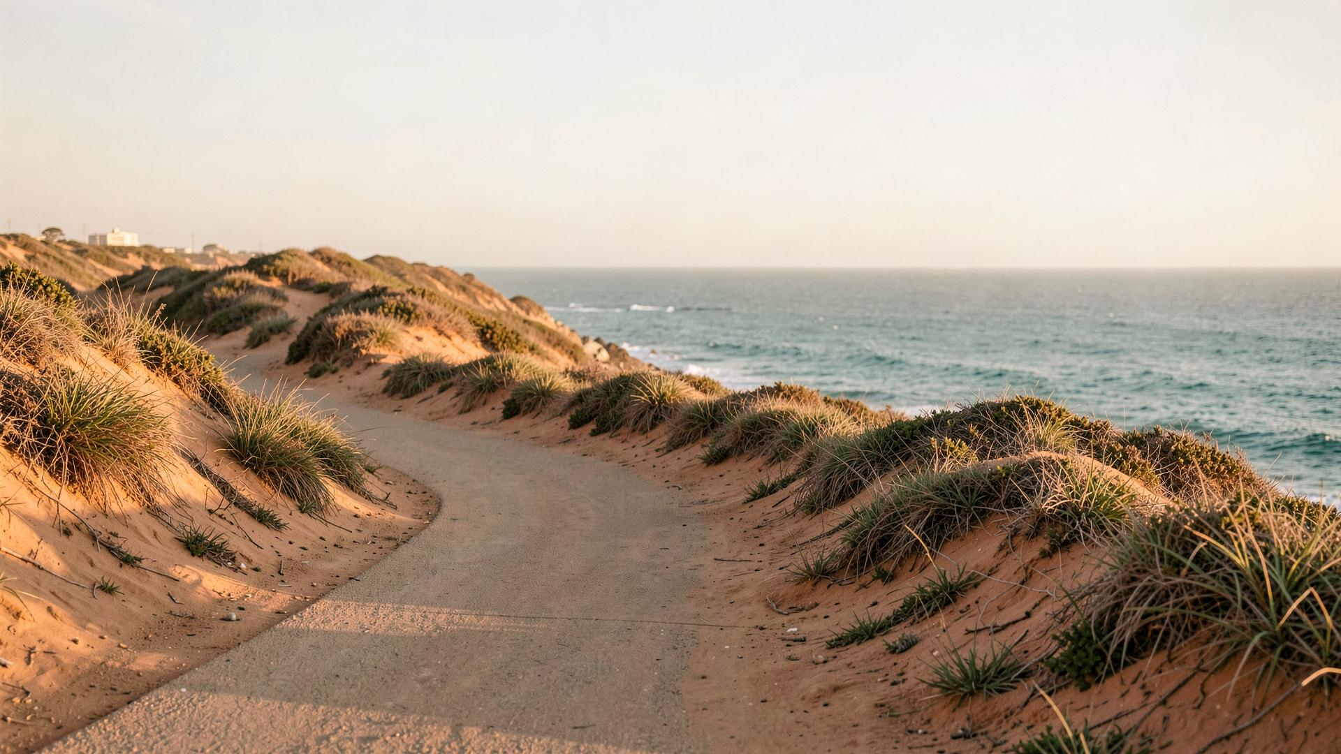 A sandy coastal path winding through dunes towards the sea in warm morning light